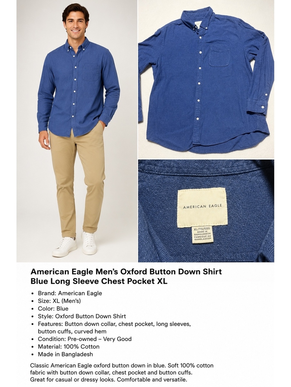 American Eagle Men’s XL Blue Long Sleeve Button Down Shirt Chest Pocket